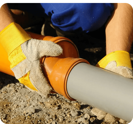 A person in yellow gloves is fixing a pipe.