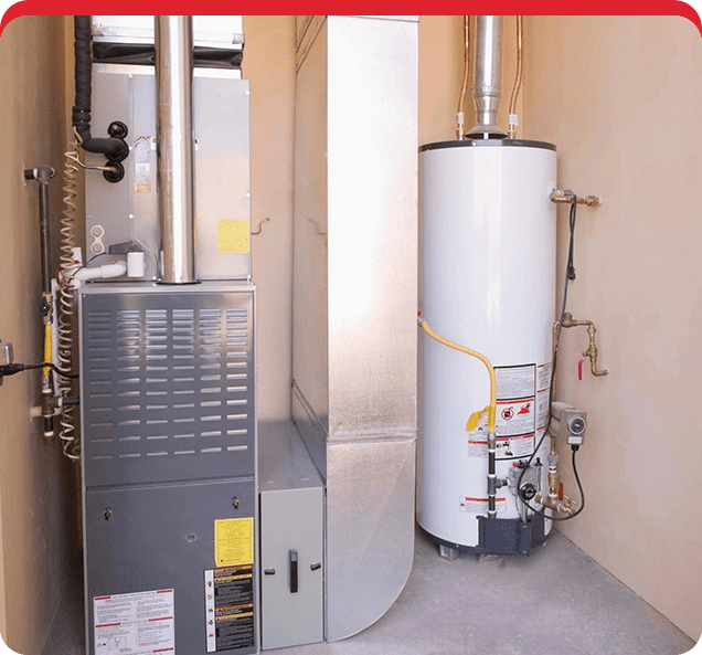 A gas furnace and water heater in a room.